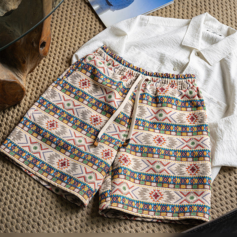納瓦霍針織提花短褲夏威夷民族度假風沙灘撞色五分中褲夏