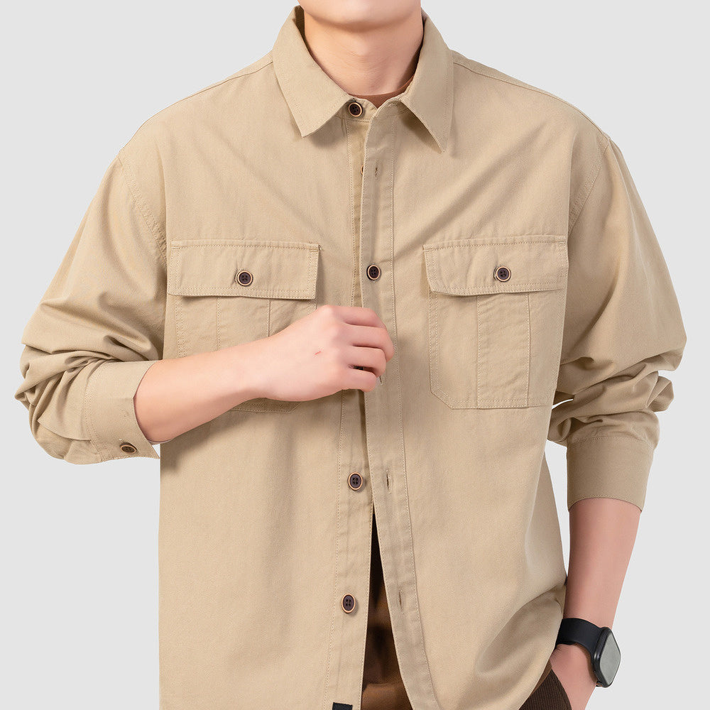 春季美式休閑cleanfit卡其色襯衣簡約工裝寸衫男外套長袖