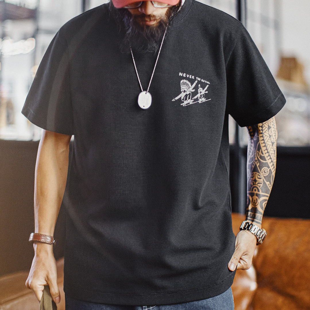 美式復古華夫格圓領短袖T恤阿美咔嘰印第安印花上衣男夏