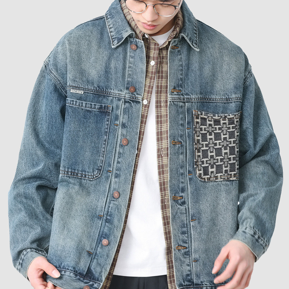 高級感刺繡口袋設計水洗牛仔外套男秋季寬松休閑工裝夾克