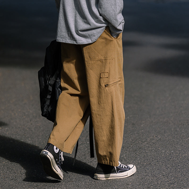秋季復古純色口袋直筒工裝長褲男潮牌寬松休閑闊腿褲