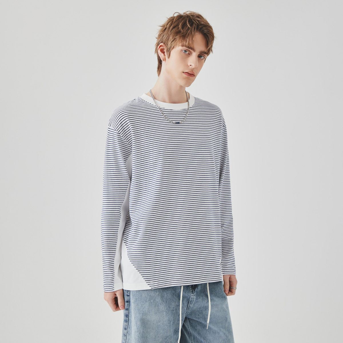 撞色條紋長袖T恤男士春秋季潮牌寬鬆圓領內搭上衣打底衫