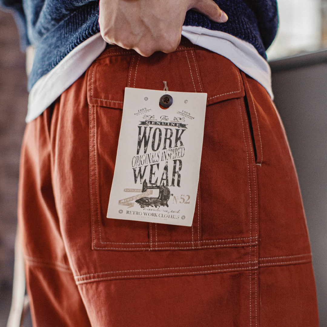 美式復古多口袋明線工裝褲磚紅色直筒闊腿束腳休閒褲男春