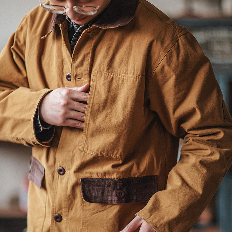 阿美咔叽密歇根鐵路工裝口袋夾克 美式拼色翻領寬松外套