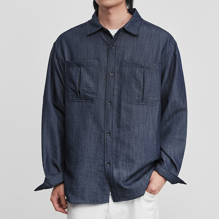 仿牛仔布長袖襯衫壓皺拼接雙貼袋襯衣男士新款春季休閒薄外套