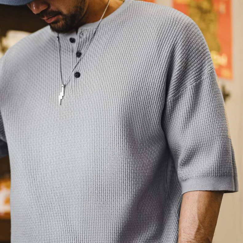 美式竹節紋亨利衫短袖老錢垂感針織灰色寬鬆半袖T恤男夏