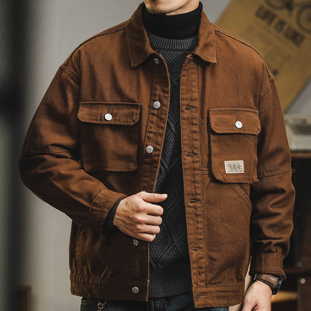 美式復古多口袋工裝夾克男翻領春秋款潮牌牛仔外套男寬松純棉