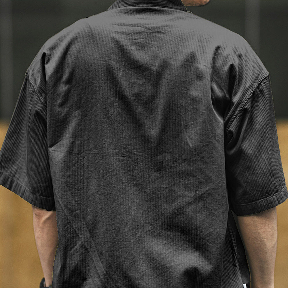 美式黑色短袖襯衫男夏季薄款寬松純棉休閑上衣痞帥疊穿工裝襯衣男