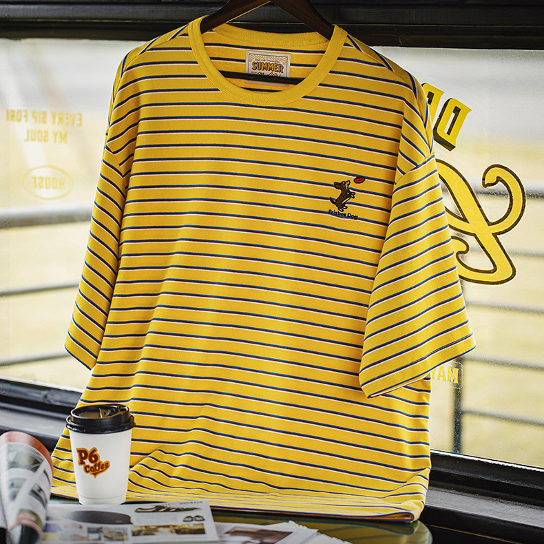 螺紋臘腸狗刺繡條紋短袖T恤250g寬鬆落肩撞色tee半袖潮夏