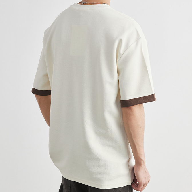 重磅220g撞色袖口小標T恤男夏季圓領寬鬆透氣親膚肌理感短袖