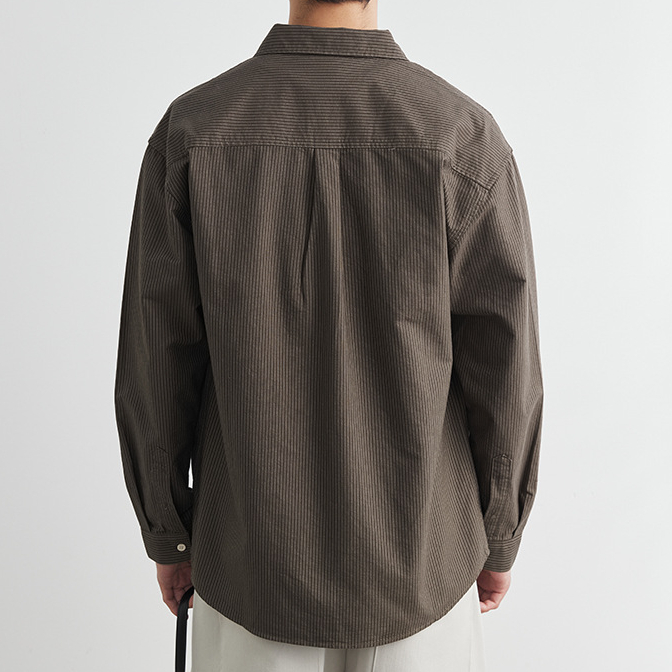 復古翻領純棉長袖襯衫男春秋季新款港風條紋休閒襯衣外套