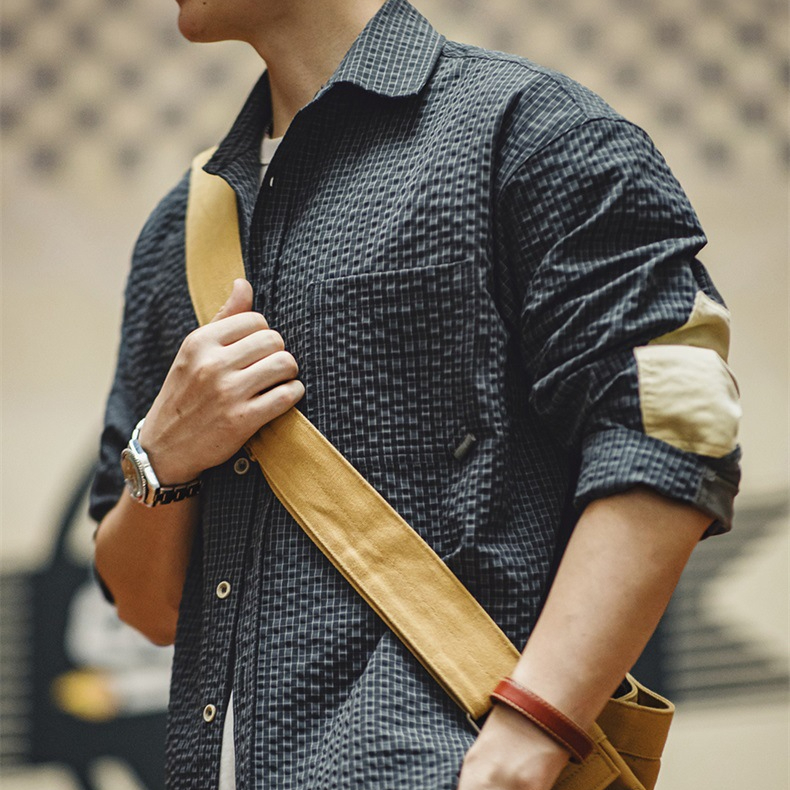 美式復古泡泡紗格子長袖襯衫肌理感翻領拼接襯衣外套男秋