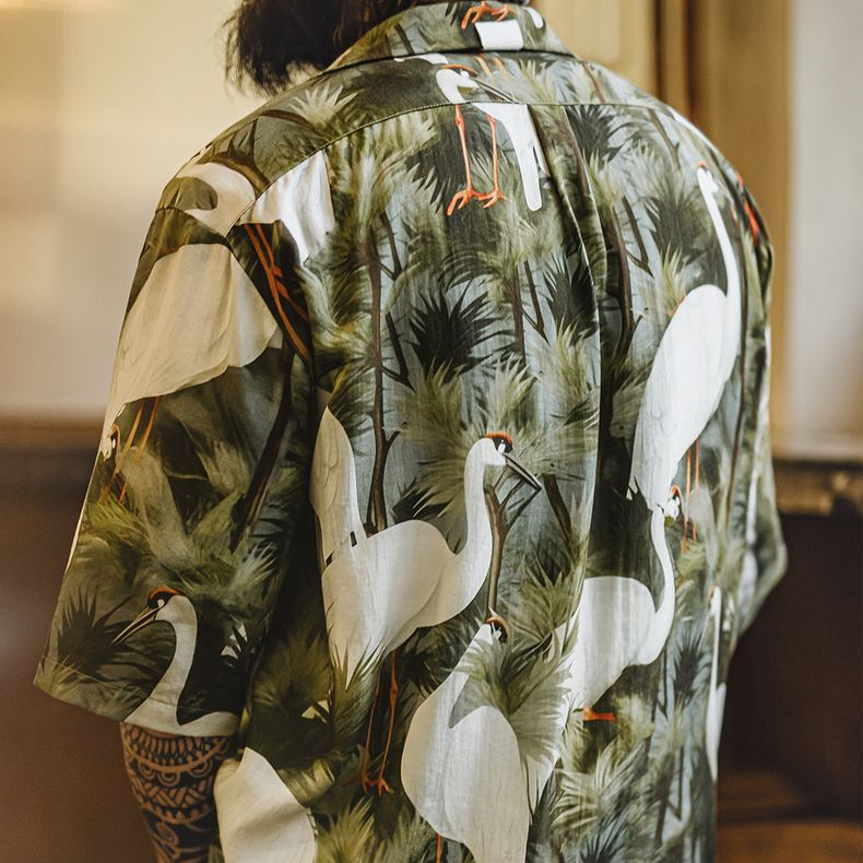 復古港風仙鶴花襯衫古巴領浮世繪天絲夏威夷短袖襯衣男夏