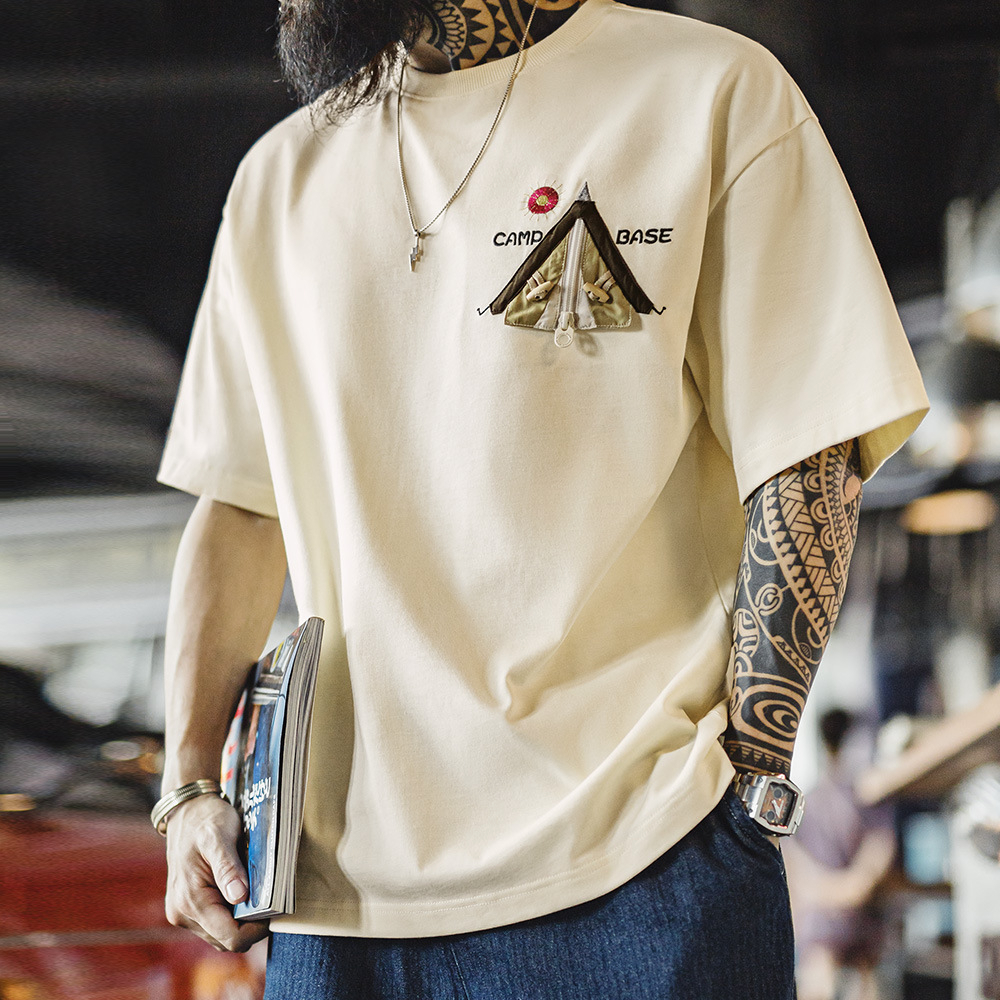 美式創意刺繡T恤米白色純棉重磅半袖螺紋領口短袖男夏季