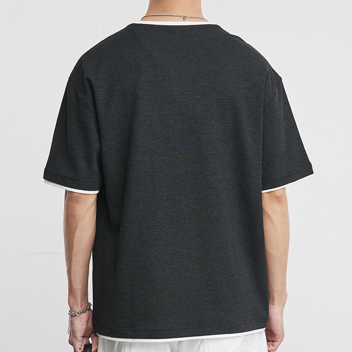 意式老錢風假兩件復古亨利領針織短袖T恤男美式純色休閒春夏