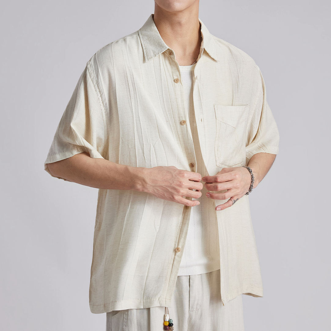 亚麻肌理褶皱条纹短袖衬衫男夏季宽松透气老钱风简约百搭衬衣