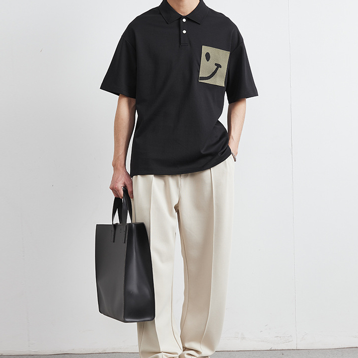 設計感拼色笑臉拼接短袖Polo衫男夏季寬鬆半袖翻領T恤上衣潮