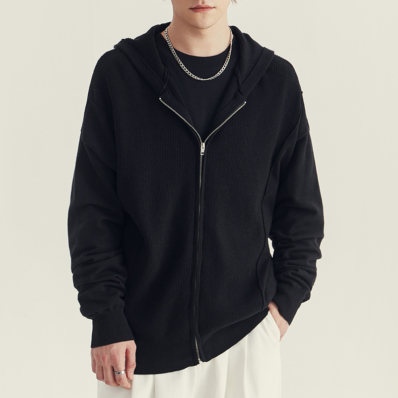 秋冬季男士連帽針織開衫外套高級感潮牌寬鬆休閒拉鍊毛衣