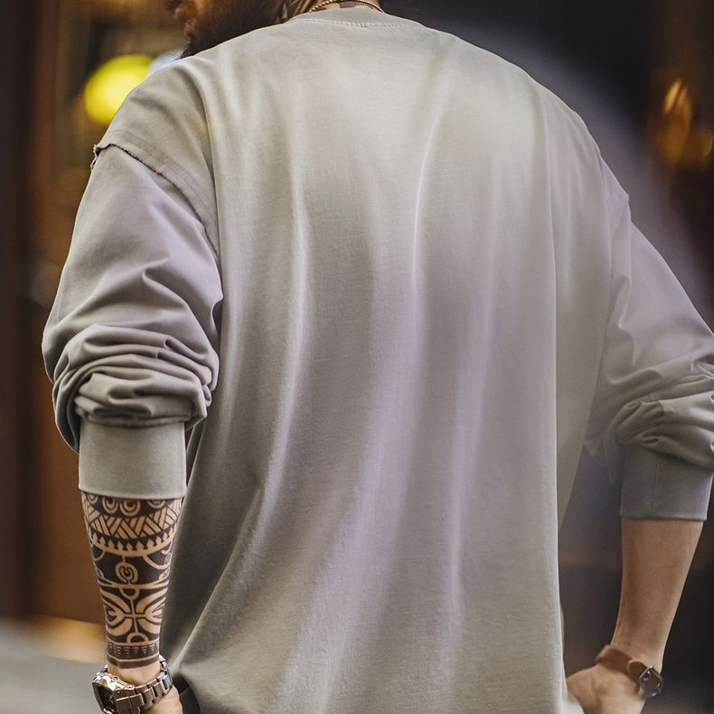 美式復古字母貼布衛衣漸變色水洗做舊寬鬆圓領T恤男春季