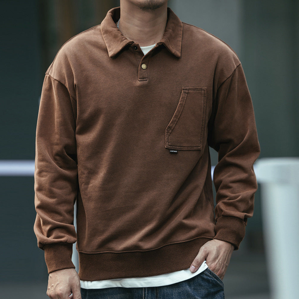 美式復古做舊水洗翻領POLO衫男春季長袖衛衣寬松大碼痞帥體恤