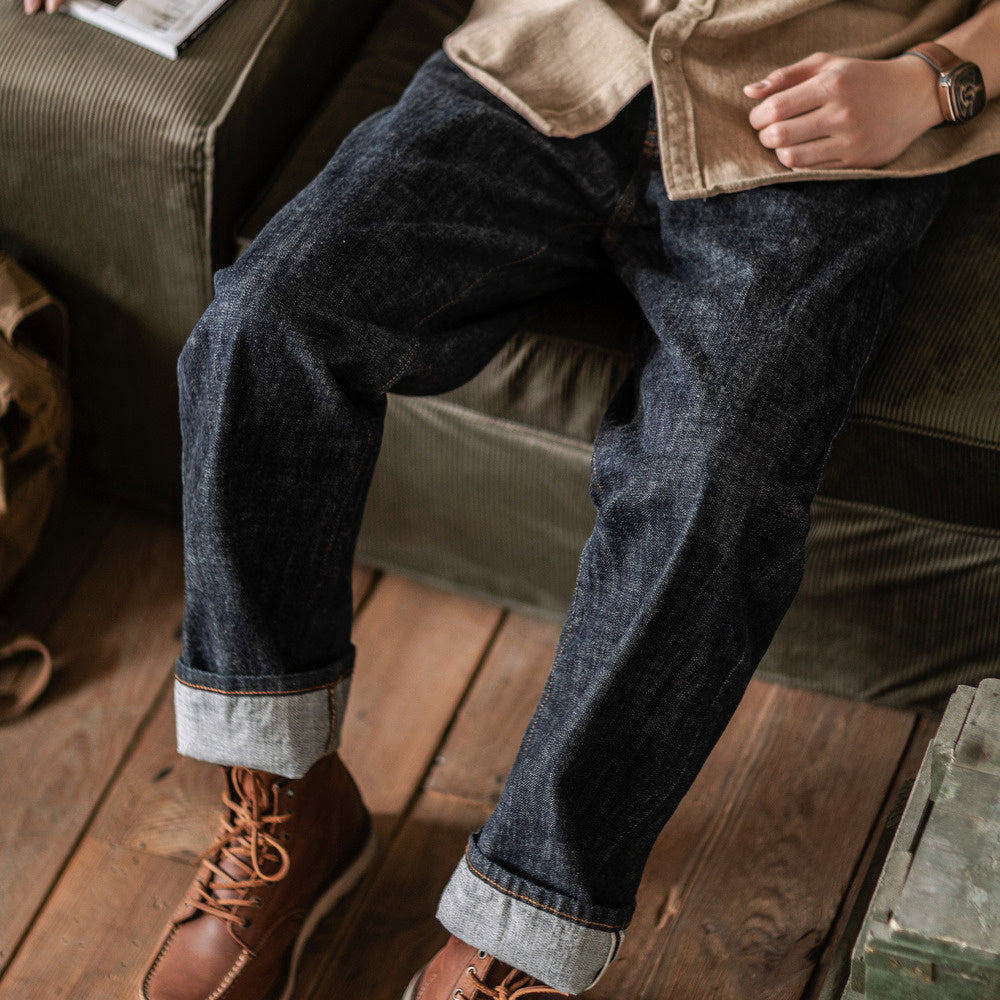 阿美咔叽丹寧復古赤耳脫漿牛仔褲 美式直筒寬松原牛色長褲