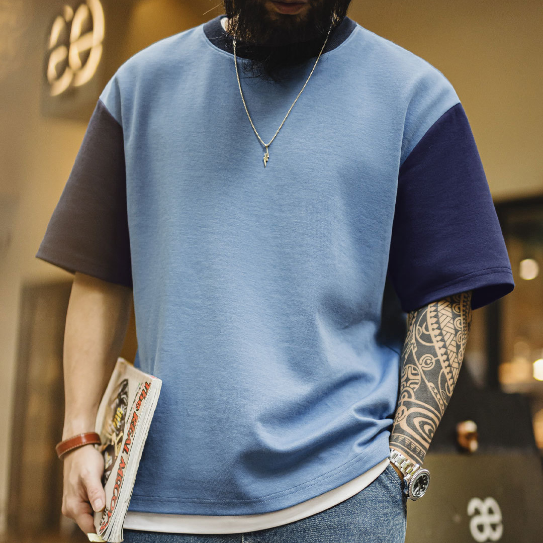 美式復古拼色T恤螺紋領口落肩袖寬鬆空氣層撞色短袖男夏