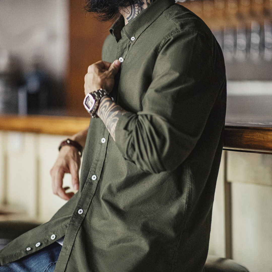 美式休閒純色牛津紡襯衫長袖外套純棉牛津布薄款襯衣男秋