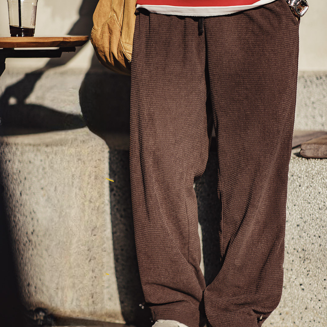 美式方格黃色玉米絨休閒褲直筒抽繩束腳寬鬆長褲子男款春