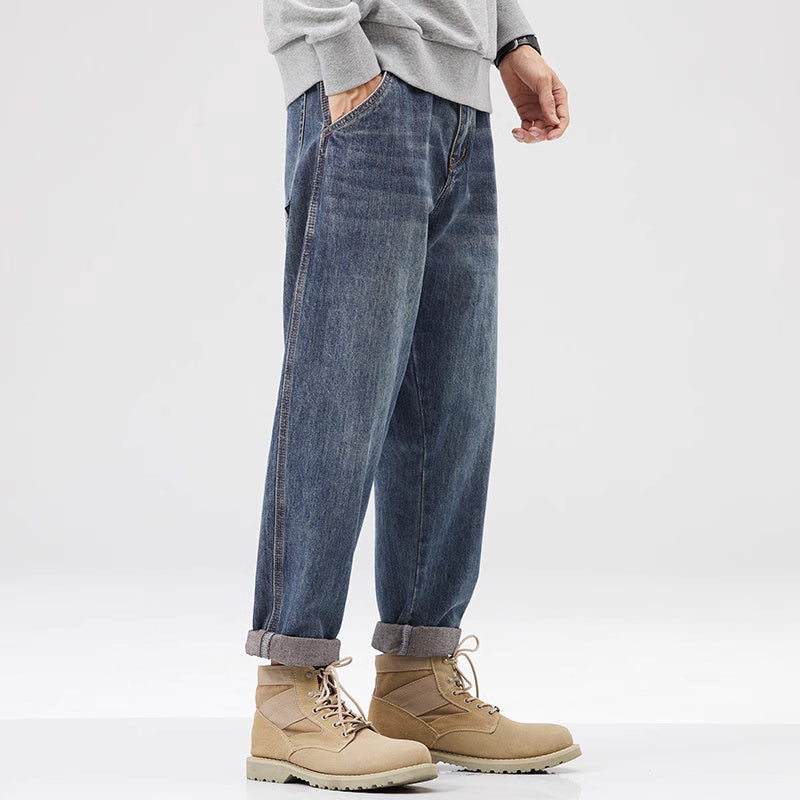 春秋款深藍色牛仔褲男士春季潮牌復古美式寬松直筒長褲