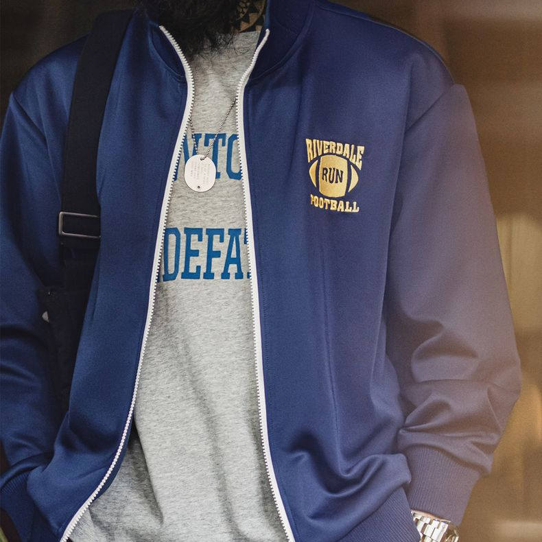 美式休閒學院風撞色刺繡夾克空氣層立領寬鬆開衫衛衣男春