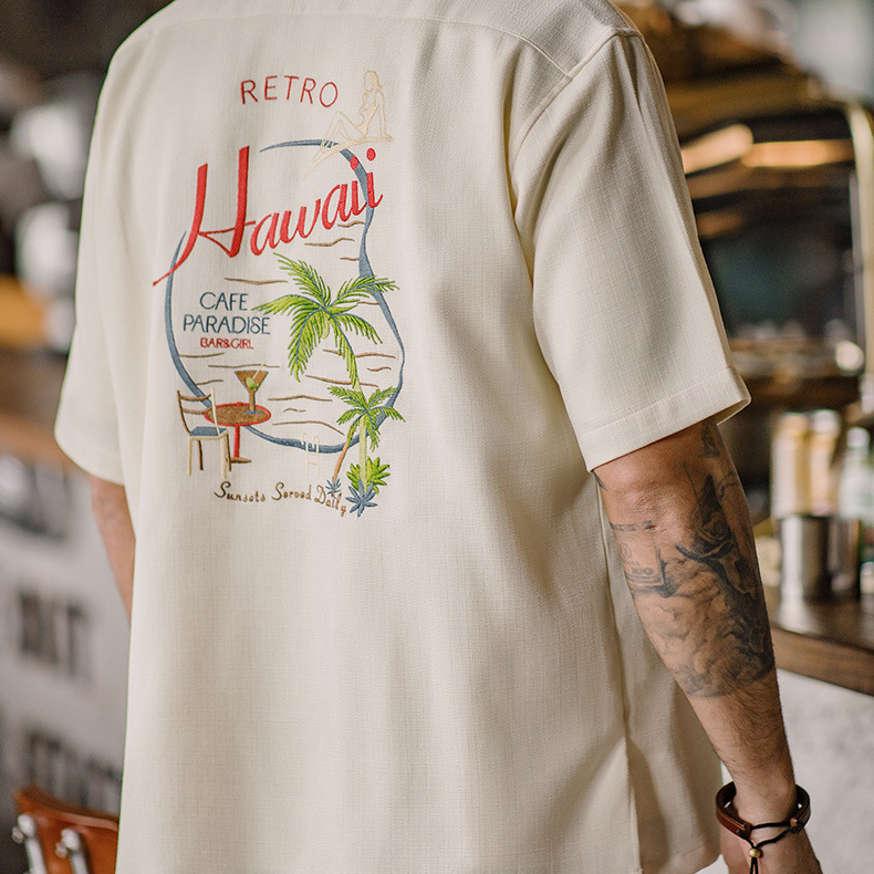 美式復古夏威夷刺繡短袖襯衫竹節紋垂感古巴領襯衣男夏季