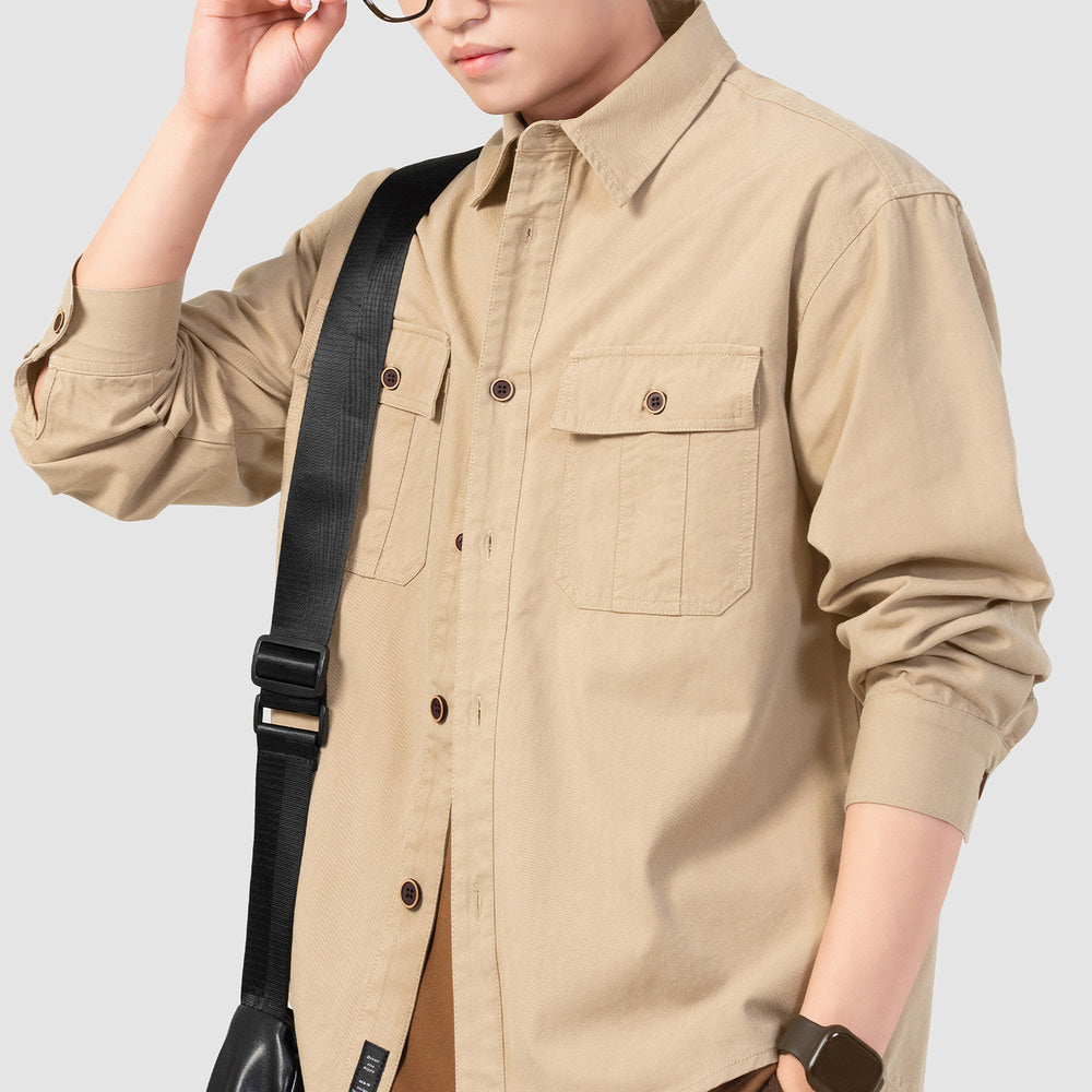 春季美式休閑cleanfit卡其色襯衣簡約工裝寸衫男外套長袖