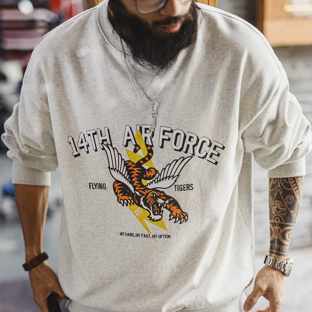 美式印花灰色圓領衛衣橫須賀寬鬆落肩套頭長袖T恤男款春