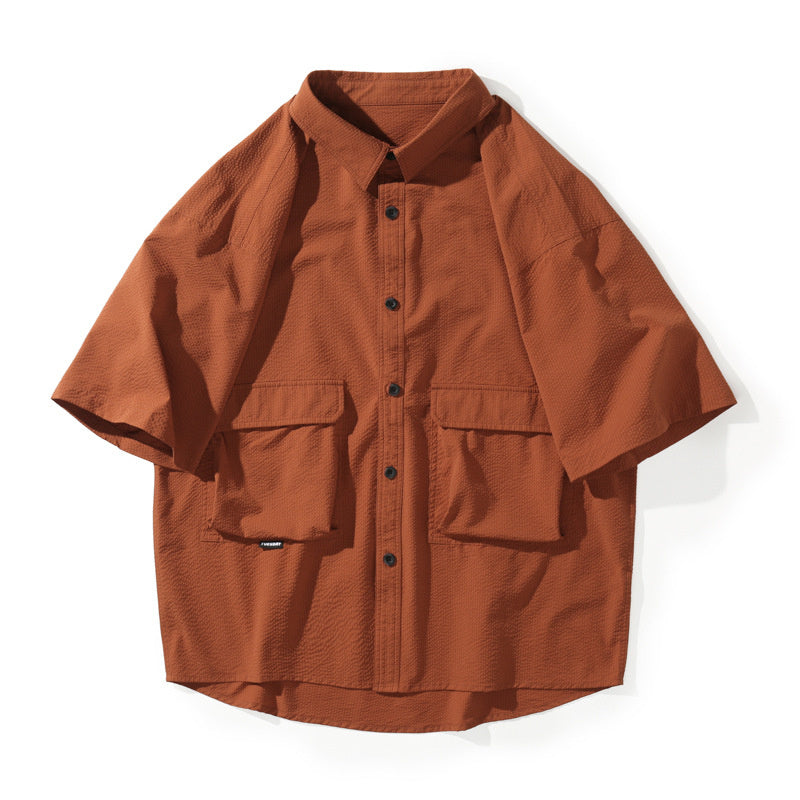 高級感短袖襯衫男夏季新款輕奢潮牌美式工裝寸襯衣男寬松半袖