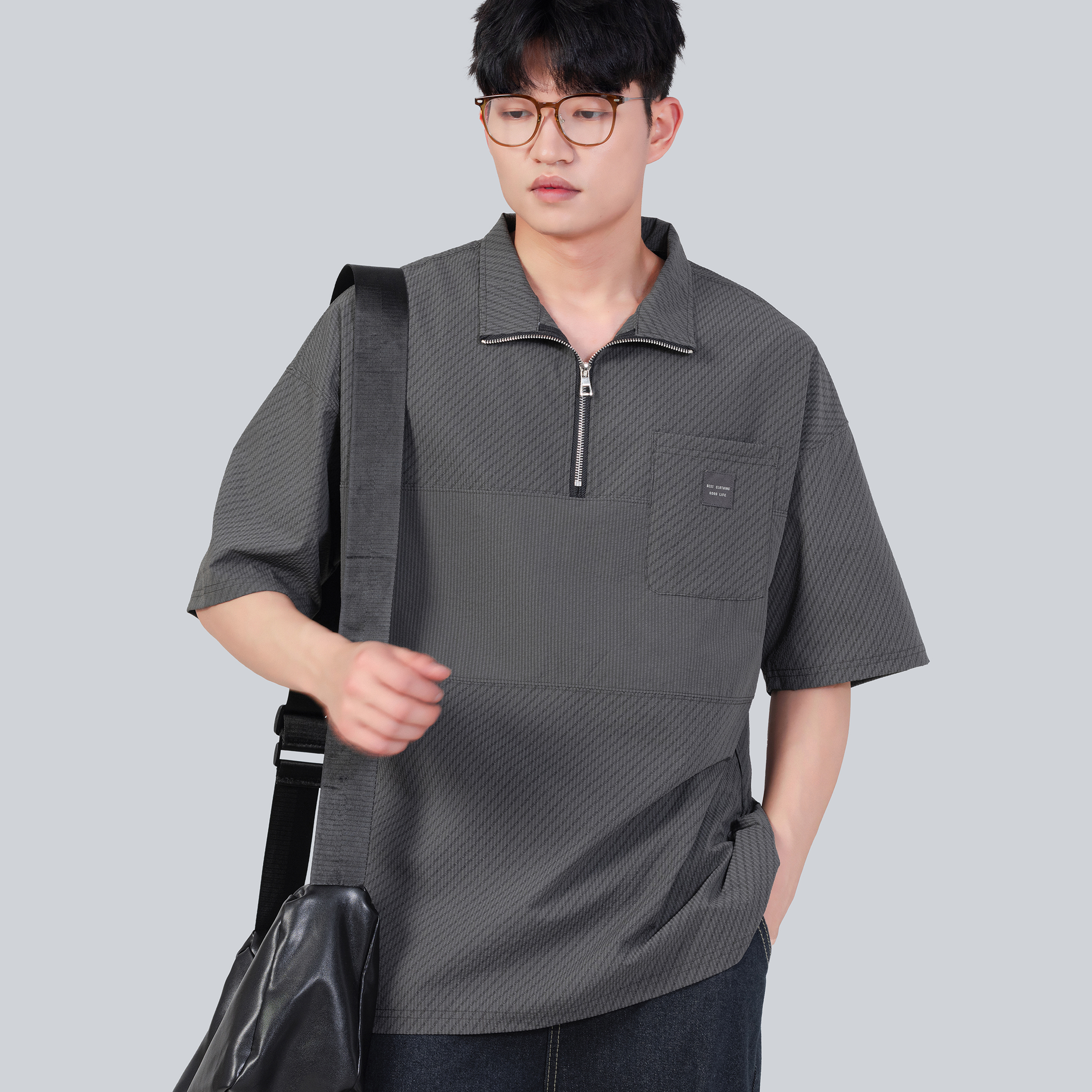 美式設計感拼接半拉鍊短袖polo衫T恤男夏季薄款透氣保羅衫