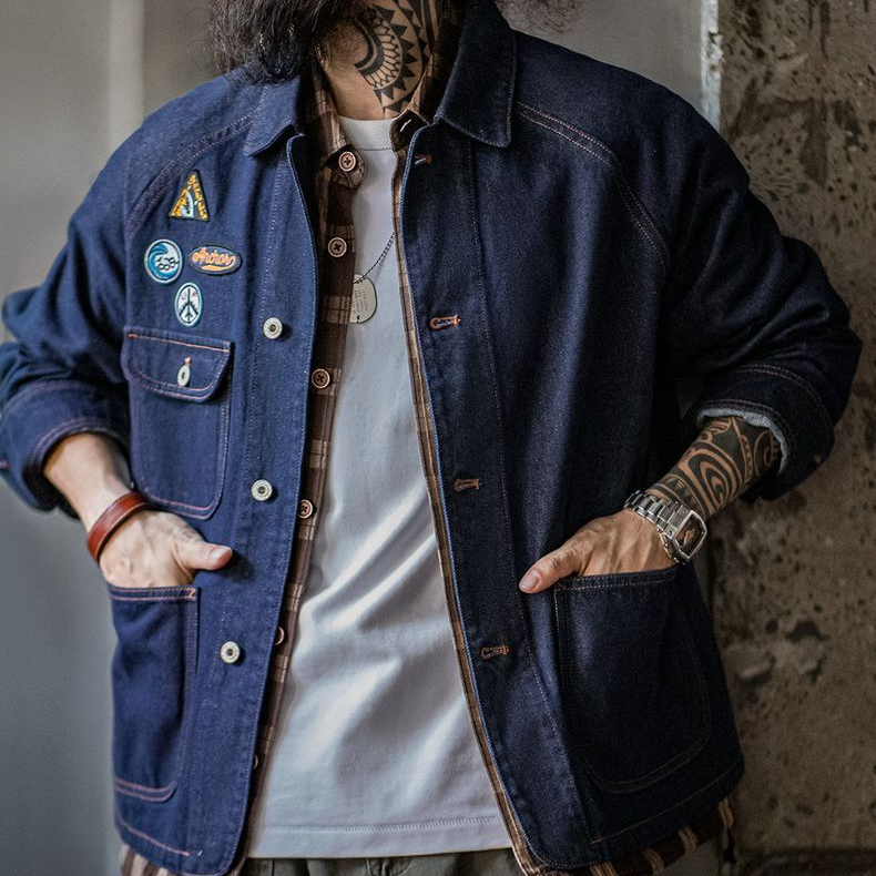 美式復古刺繡徽章牛仔夾克重磅水洗翻領休閒外套男秋冬季