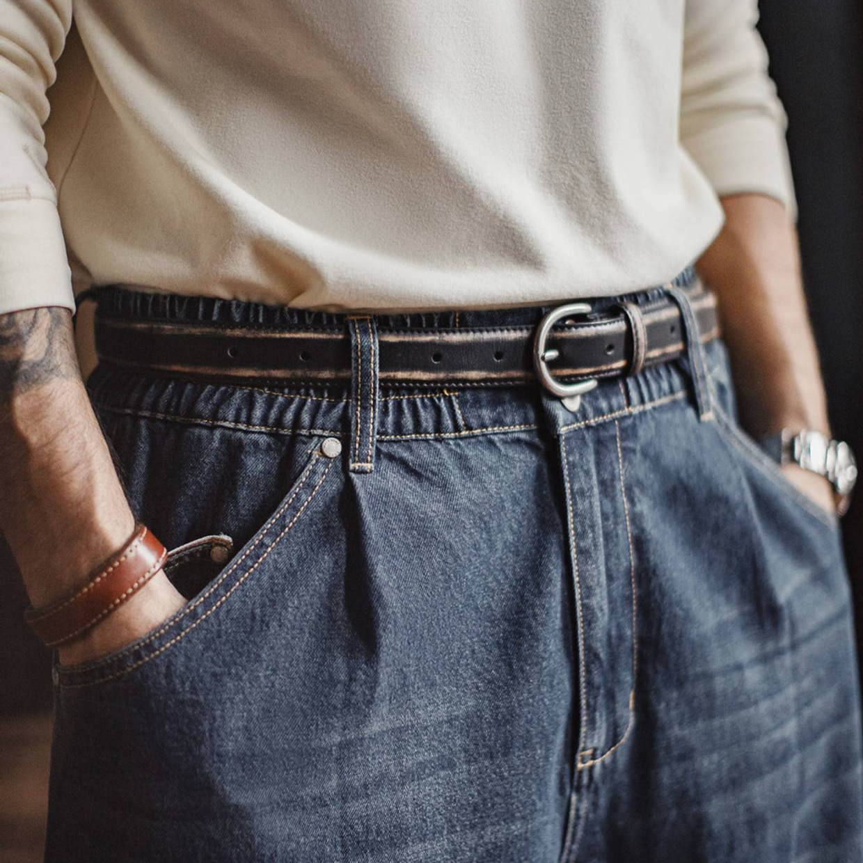 美式復古頭層植鞣牛皮帶腰帶單針真皮扣頭硬漢褲腰帶男款