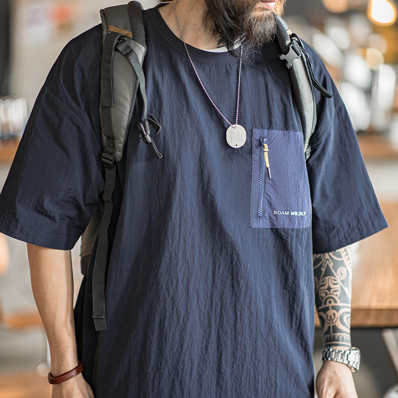 山系戶外薄款口袋拼接短袖T恤落肩尼龍透氣半袖T恤男夏