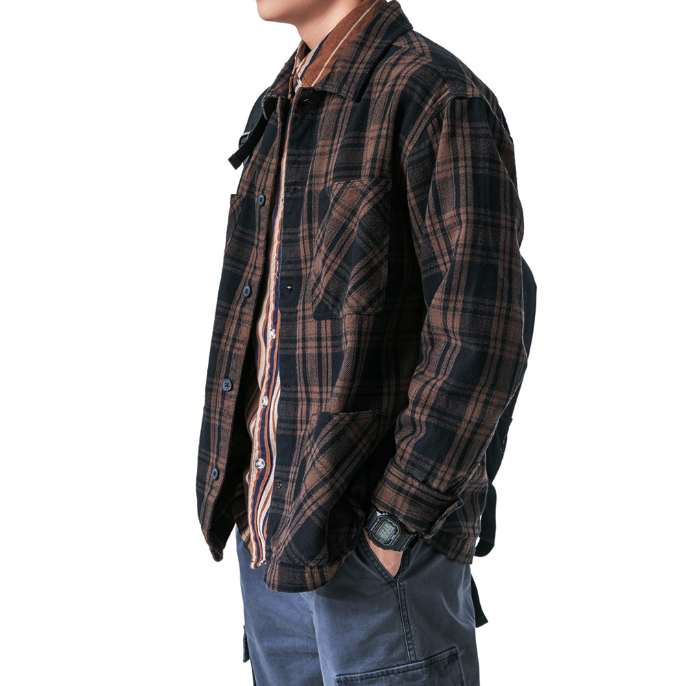 重磅格紋復古洗 春秋cityboy休閒長袖襯衫男寬鬆襯衣外套