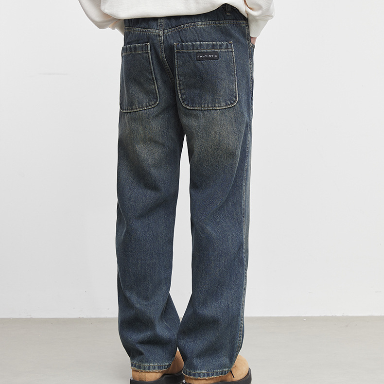 復型男士復古加絨直筒牛仔褲秋冬寬鬆休閒潮流做舊闊腿褲