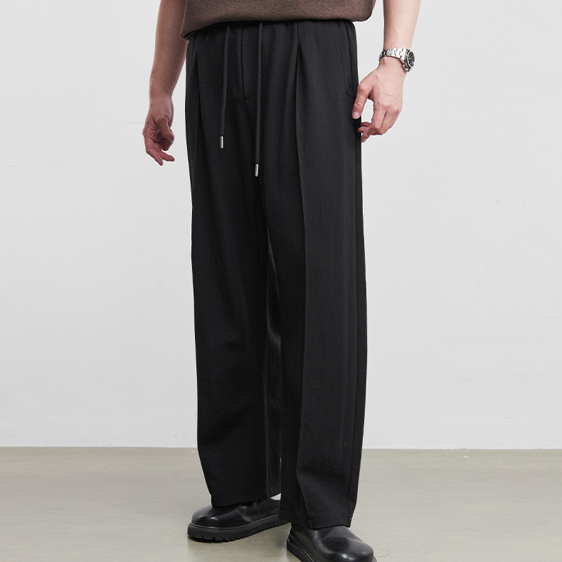 抽繩式肌理闊腿褲男2026春季新款復古寬鬆純色直筒休閒褲