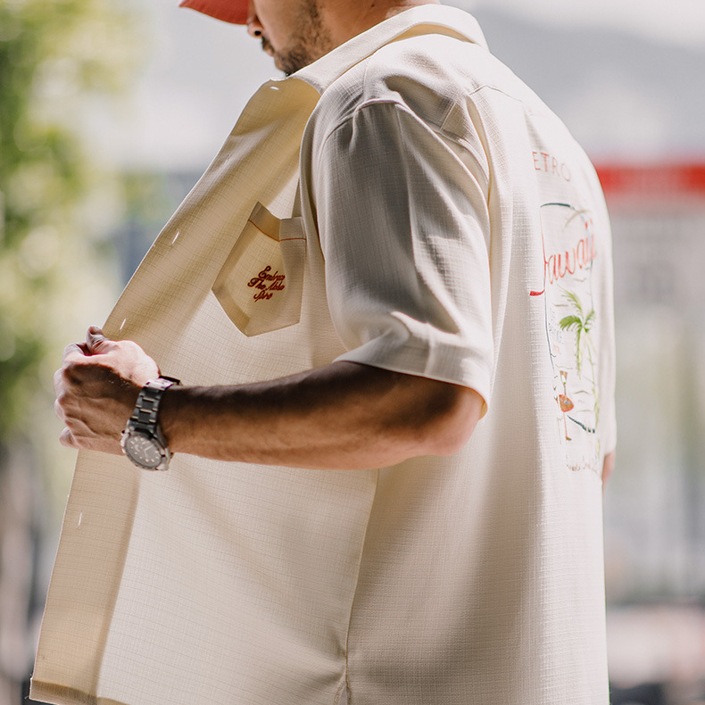 美式復古夏威夷刺繡短袖襯衫竹節紋垂感古巴領襯衣男夏季