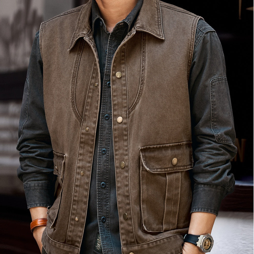 高端復古工裝馬甲男秋季潮牌山系戶外戰術寬松大碼夾克外套