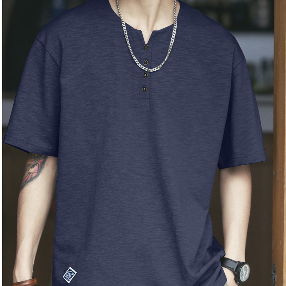 復古亨利領竹節棉短袖t恤男夏季寬松大碼半袖百搭體恤