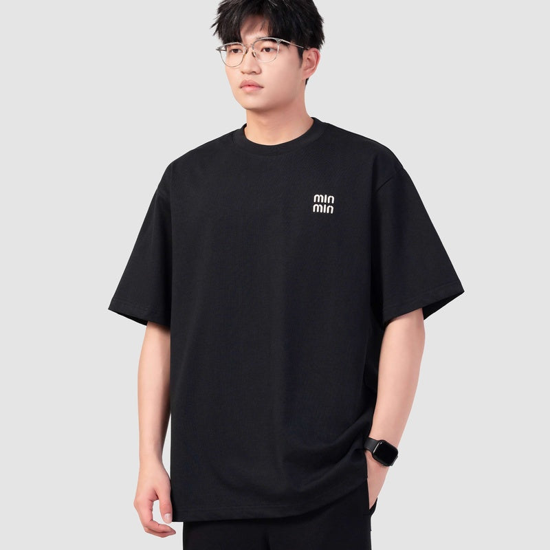 300G美式純棉刺繡圓領短袖T恤男夏季寬松情侶廓形體恤