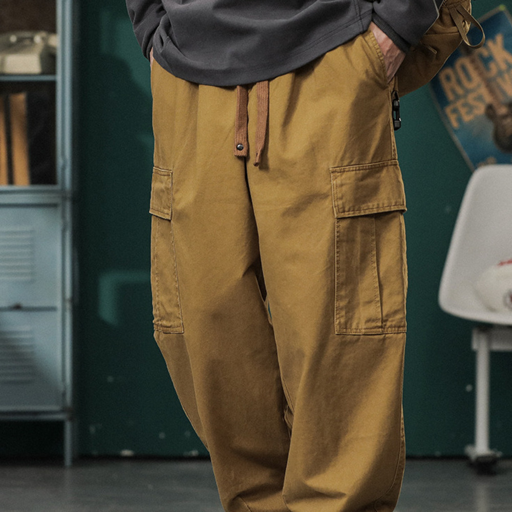 美式復古潮牌機能工裝褲男秋季寬松闊腿休閑褲子戶外露營長褲