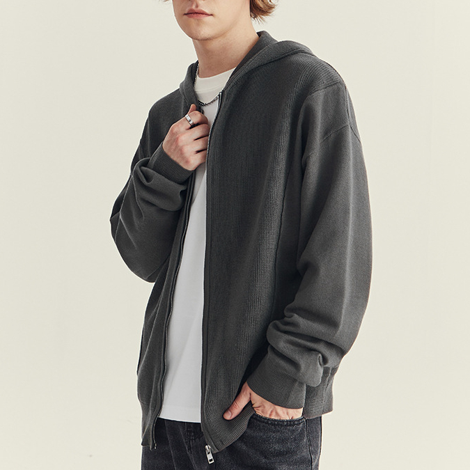 秋冬季男士連帽針織開衫外套高級感潮牌寬鬆休閒拉鍊毛衣