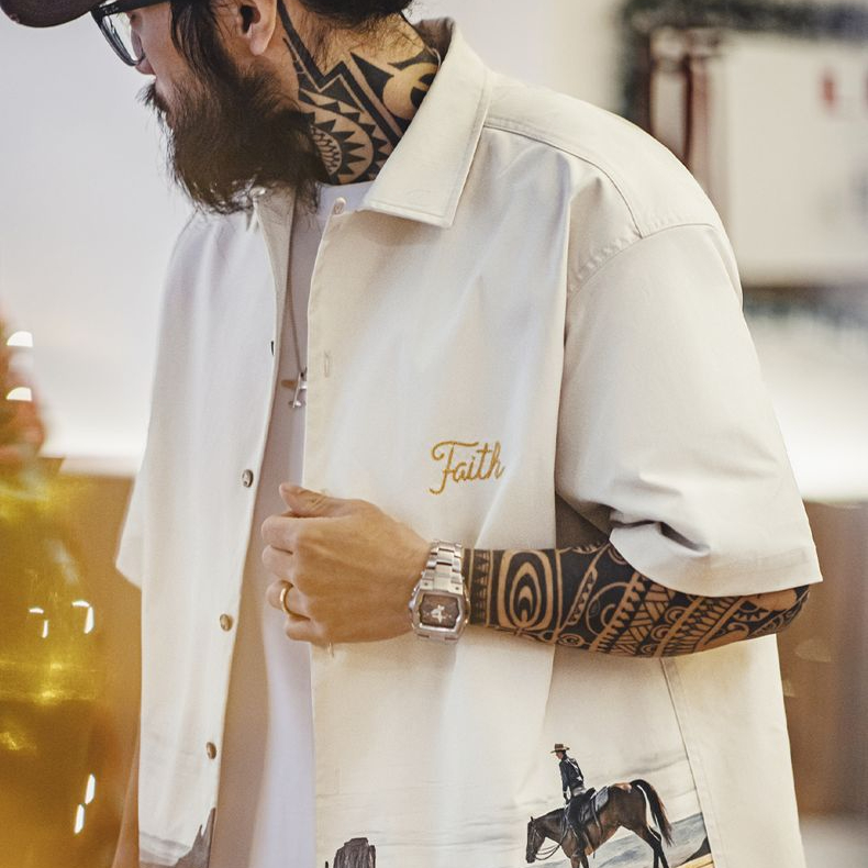 美式復古紀念碑谷古巴領襯衫短袖印花vintage襯衣男春夏