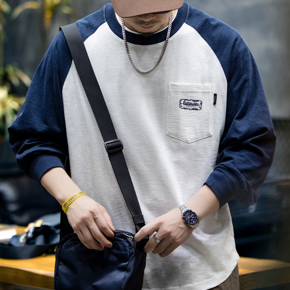 美式竹節棉長袖t恤男秋季潮牌寬松圓領撞色上衣男士休閑打底衫潮