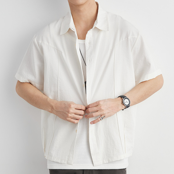 簡約輕薄古巴領短袖襯衫男夏季寬鬆落肩款日系休閒透氣襯衣